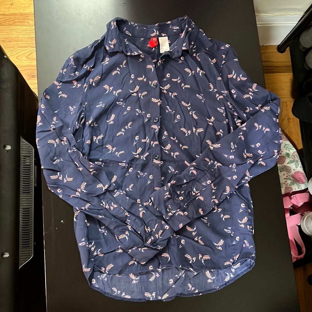 H&M Bird Print Button Down Shirt, Size 2